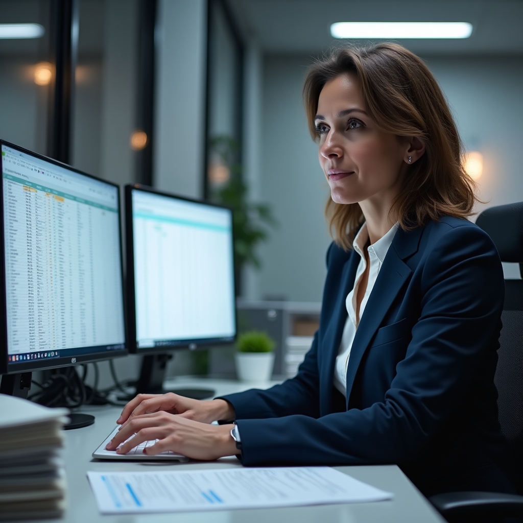 Contabilă independentă lucrând la un tabel financiar cu foi de calcul pentru mai multe firme mici