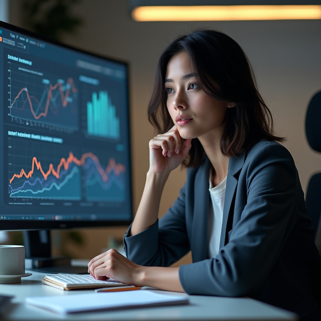 Fondator de startup verificând un tablou de bord cu indicatori pe un monitor de birou