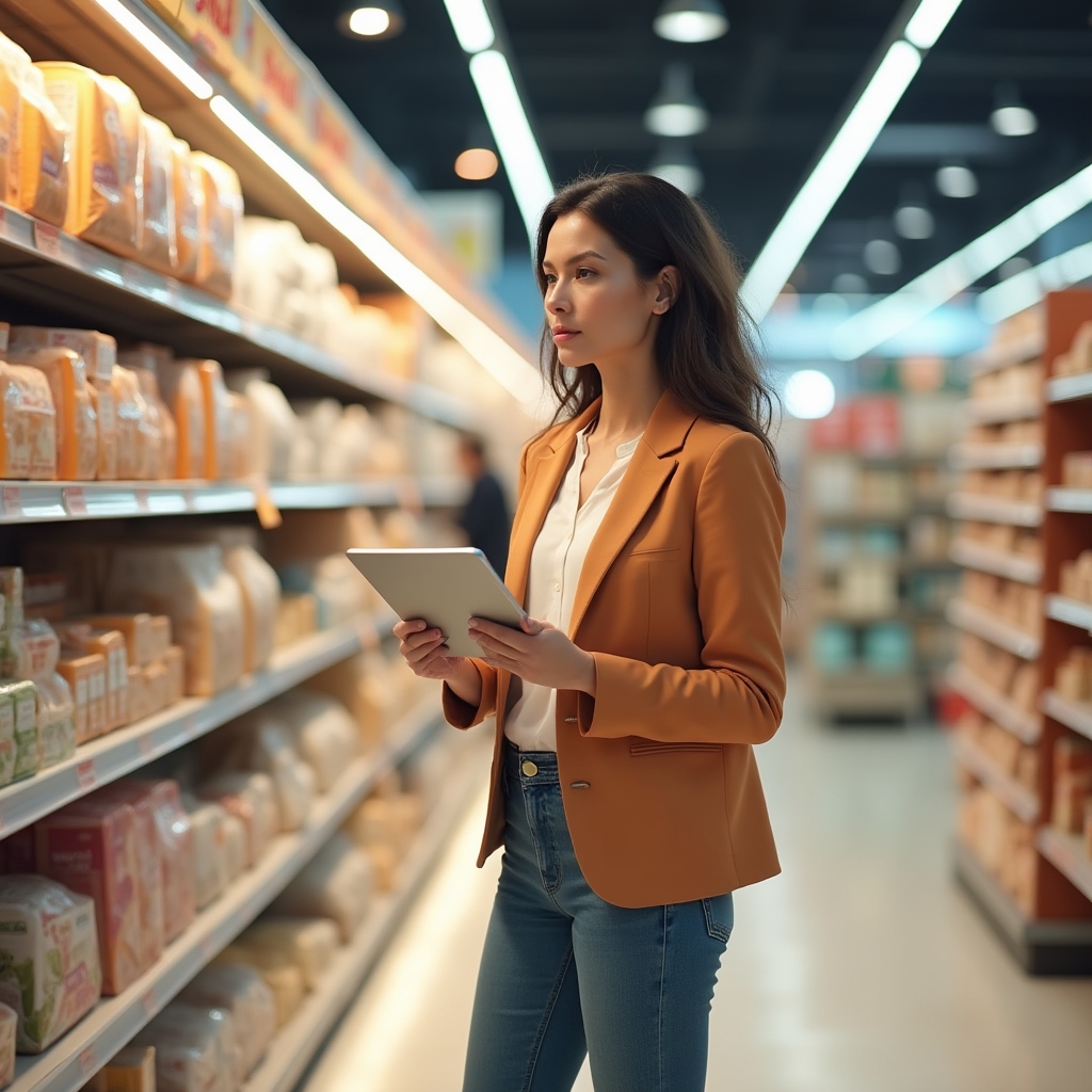Proprietar de magazin de retail local analizând un raport de vânzări lângă rafturi